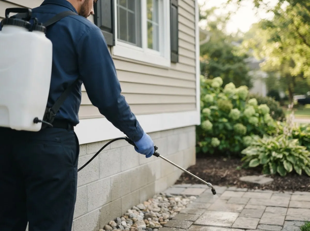 Pest control technician inspecting a home in Meadowview, VA